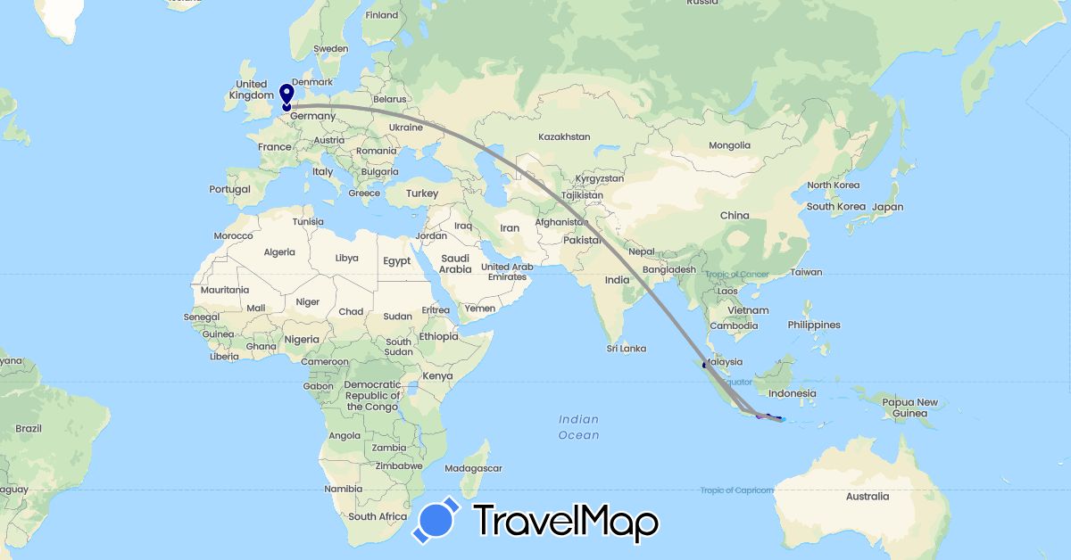 TravelMap itinerary: driving, plane, train, boat in Indonesia, Netherlands (Asia, Europe)